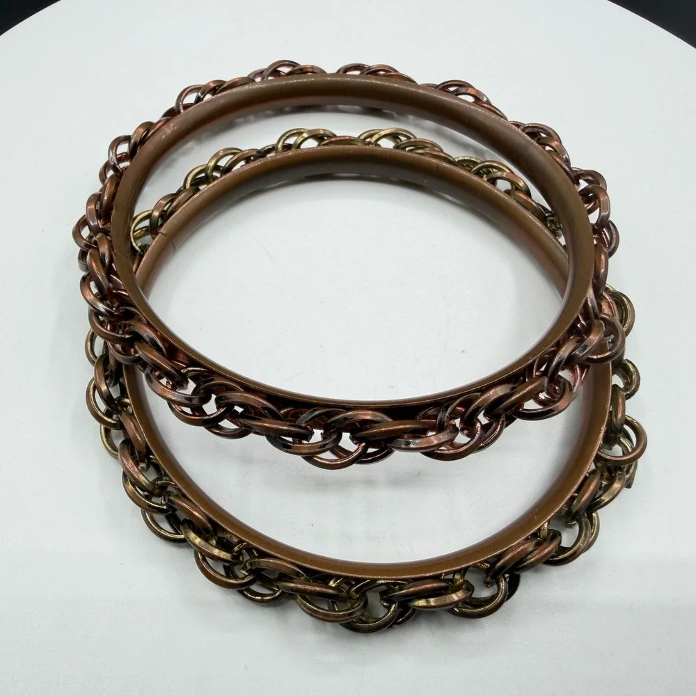 Pair Copper & Brass Tone Chain Link Bangle Bracelet Boho Stack Statement Jewelry